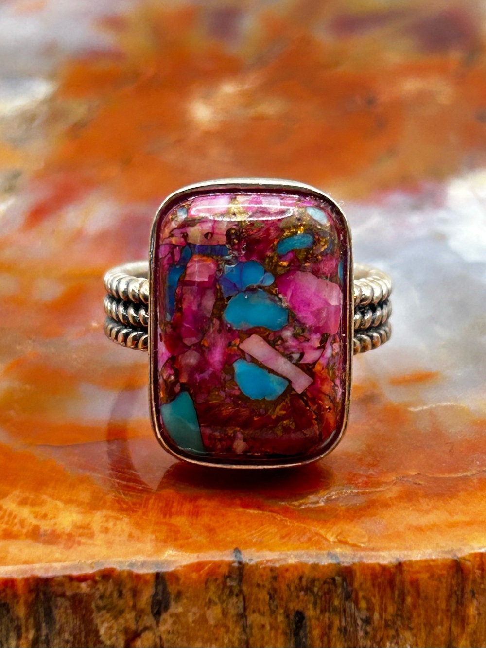 Sterling Silver Ring with Pink Oyster Turquoise - Size 7